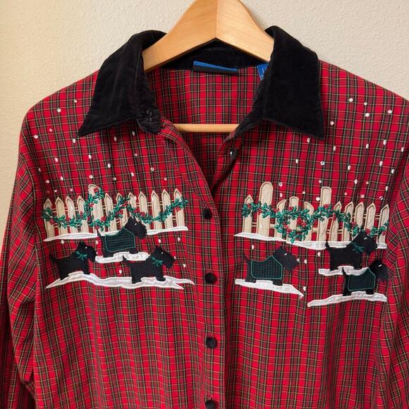 Vintage Karen Scott Sport Scottish Terrier Plaid Christmas Button Down Women M - Picture 3 of 9